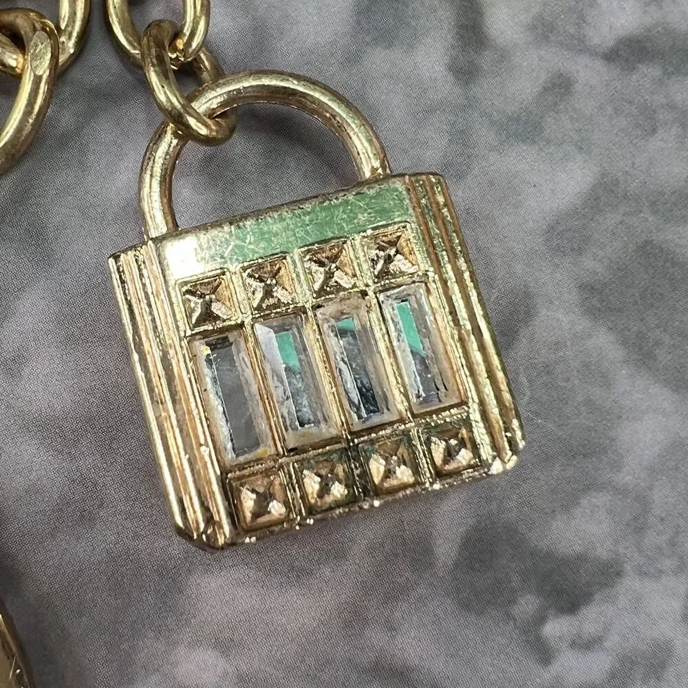Michael Kors MK Gold Tone Charm Keychain Pave Heart Padlock Purse Charm